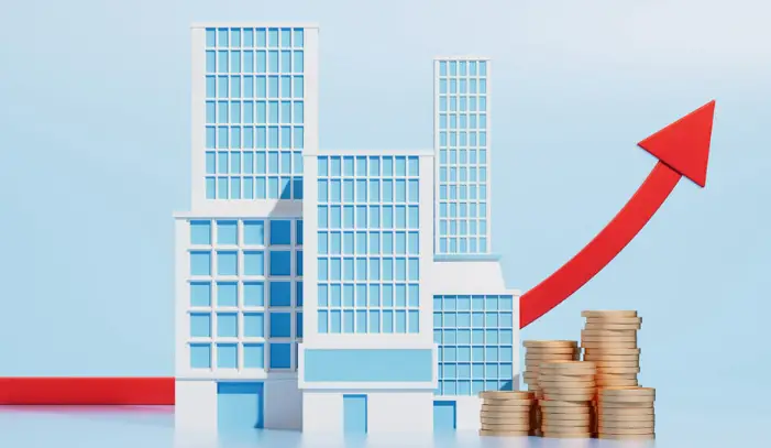 City buildings with upward arrow representing growth or rising value