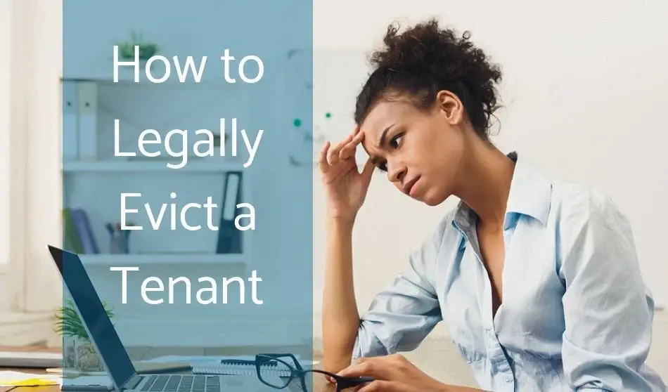How to legally evict a tenant with stressed landlord reviewing documents on laptop