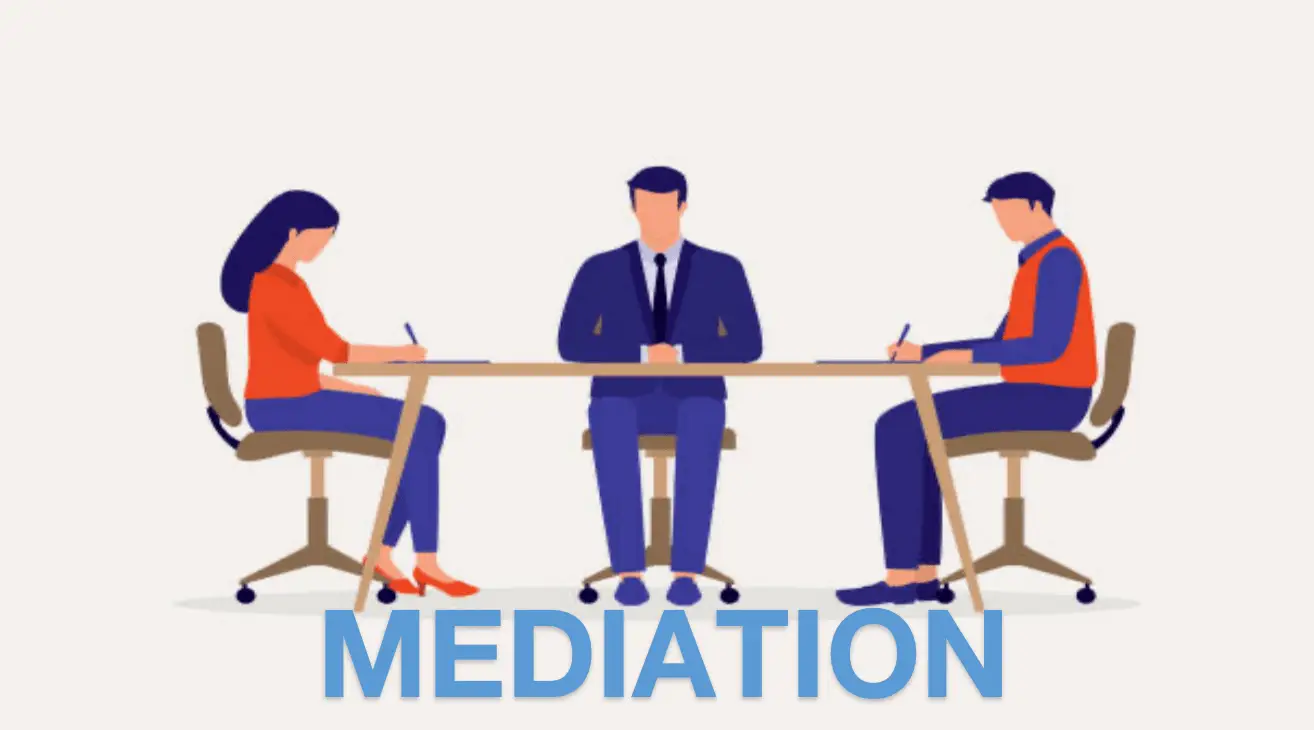 Illustration of mediation session with two parties and a mediator