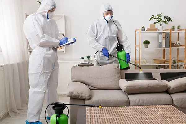 Biohazard cleanup team disinfecting home interior with protective suits and equipment