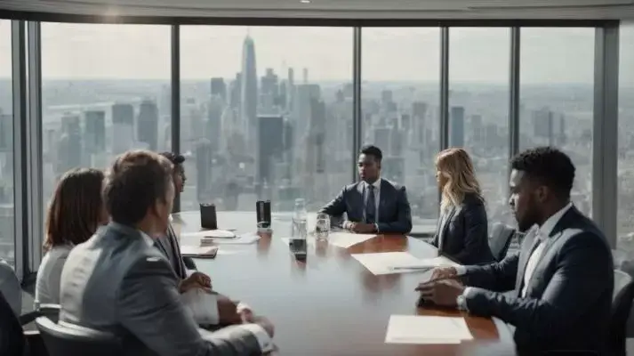 Business meeting in a conference room with city skyline view