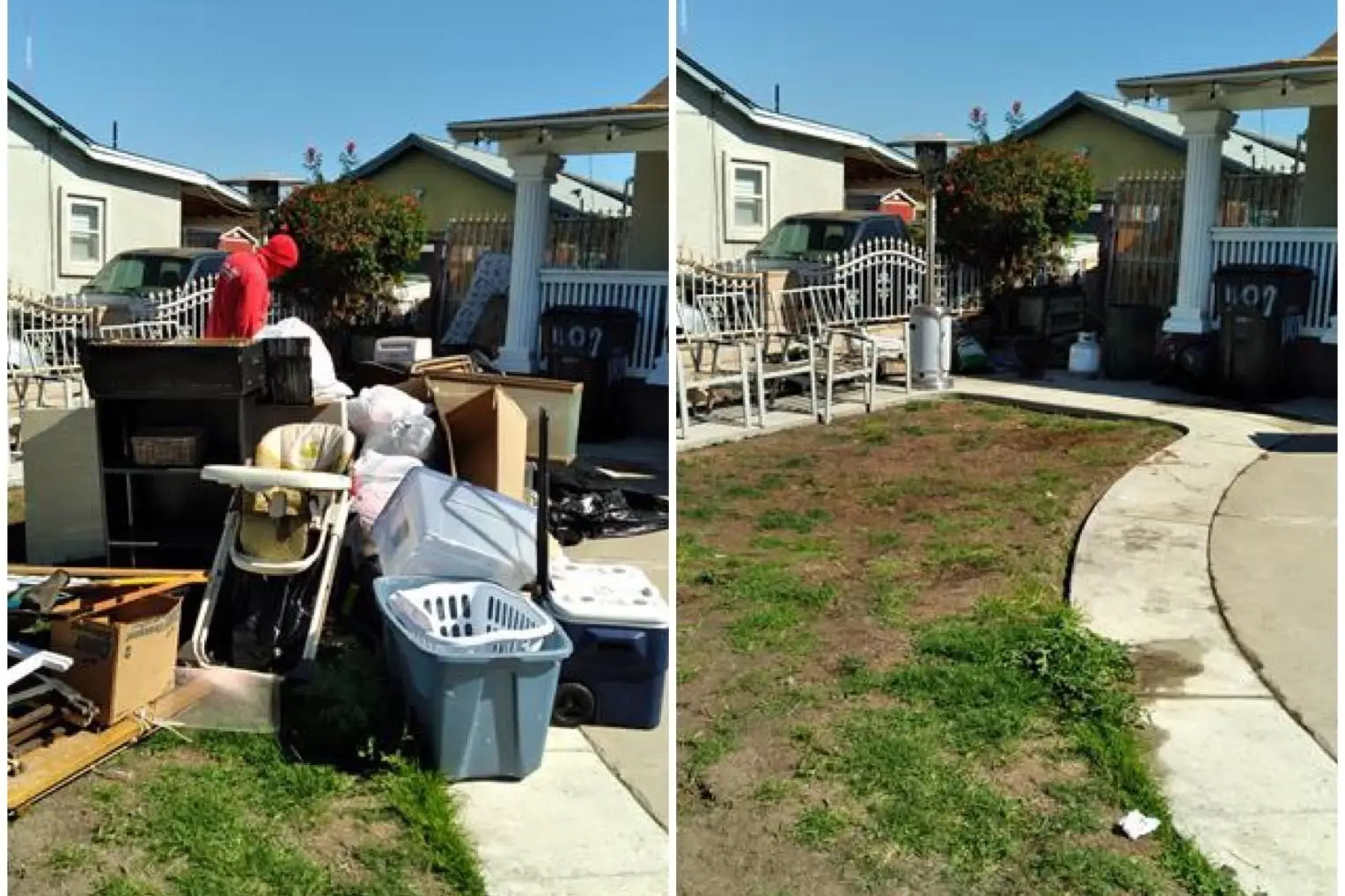 Before and after image of junk removal on lawn