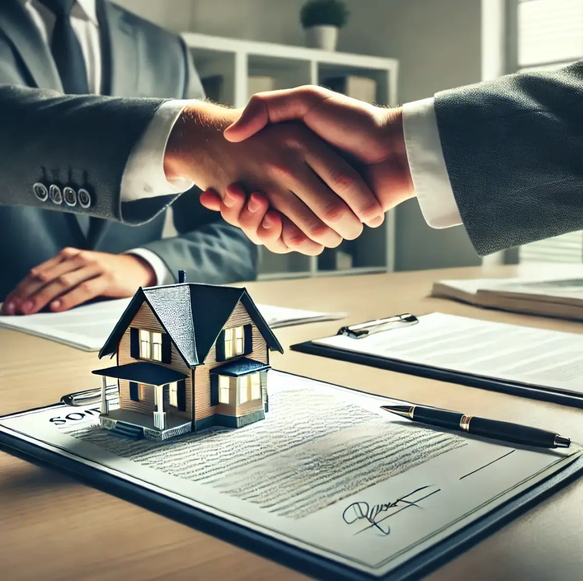 Real estate agreement handshake over home sale contract and property model