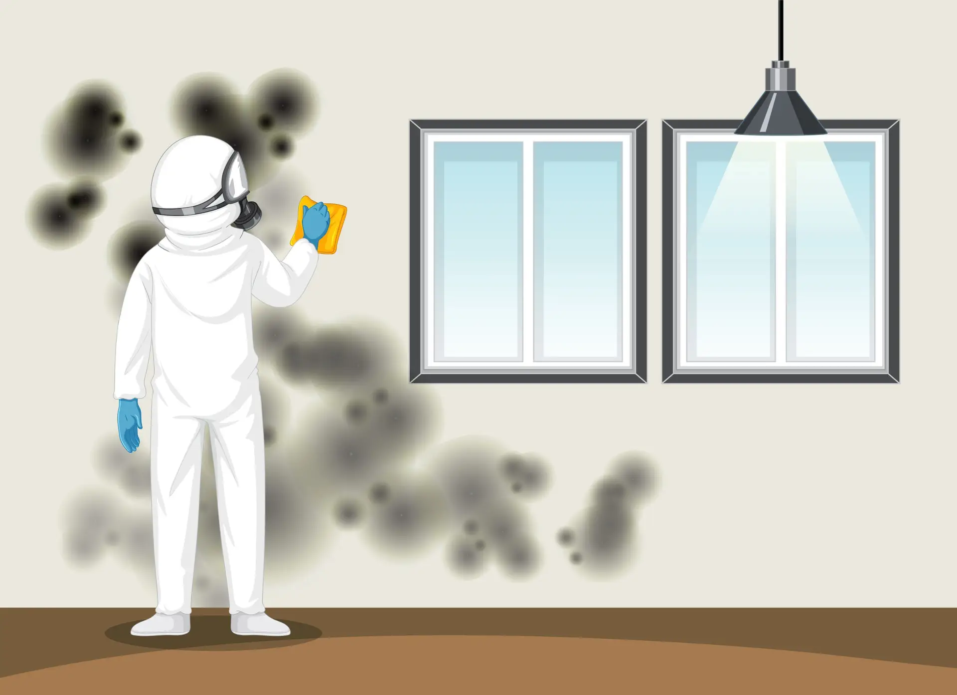 Man in protective hazmat suit cleaning mold on the wall illustration