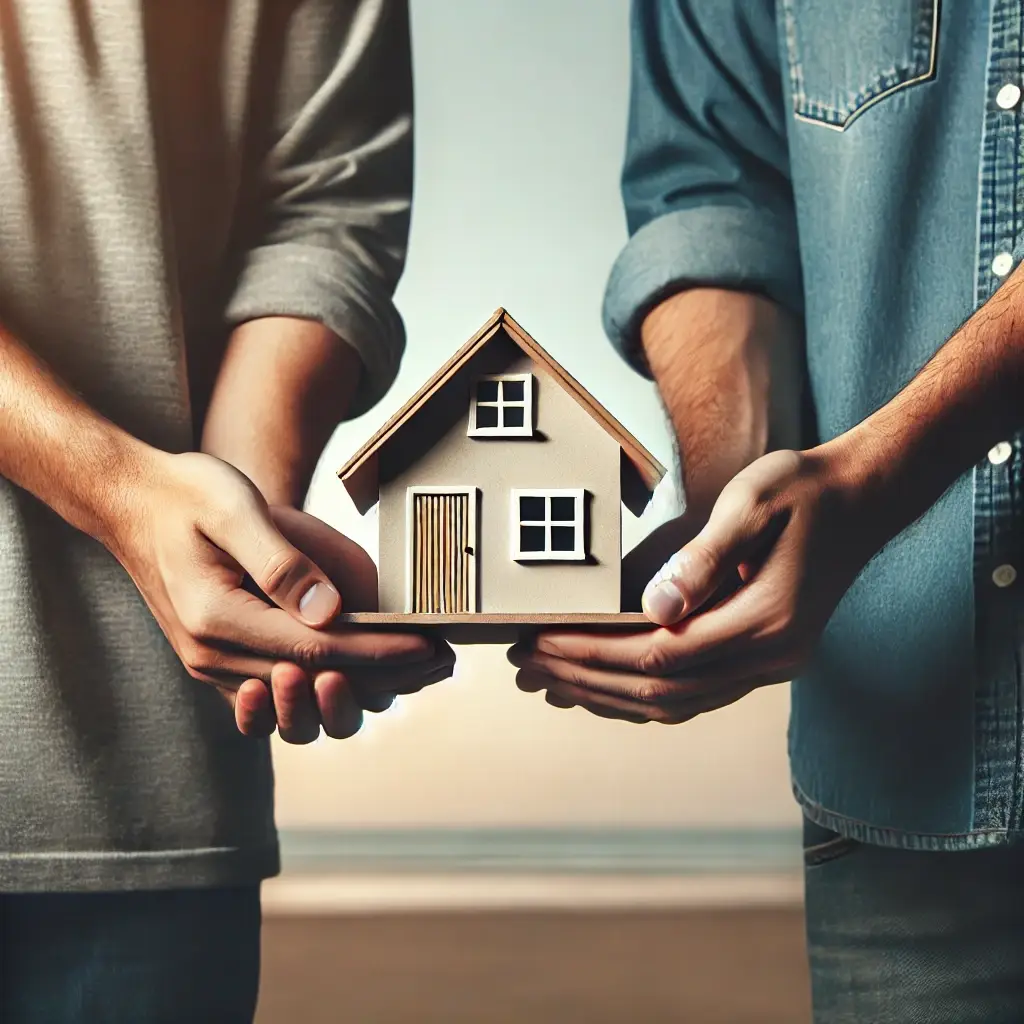 Two people holding a house representing shared property ownership