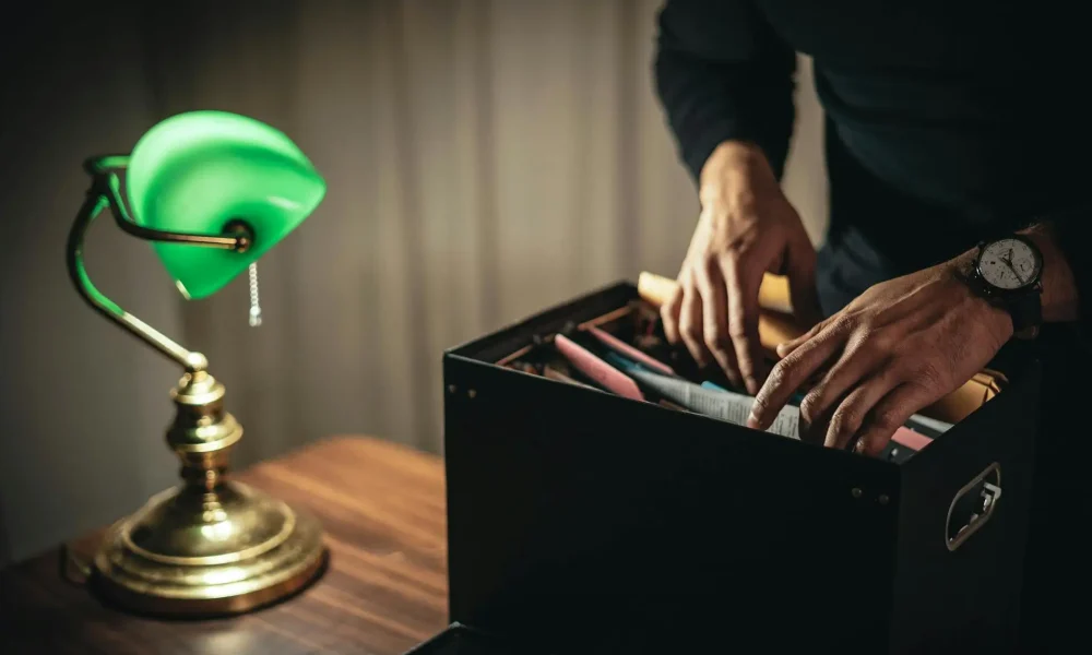 Sorting probate documents in file box on desk with lamp